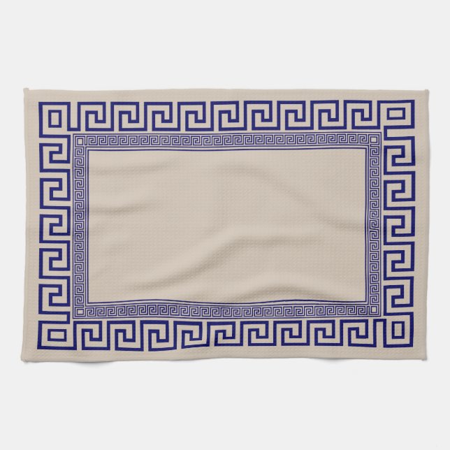 Linge De Cuisine Grec Meander - Grec Key - Bleu et crème (Horizontal)