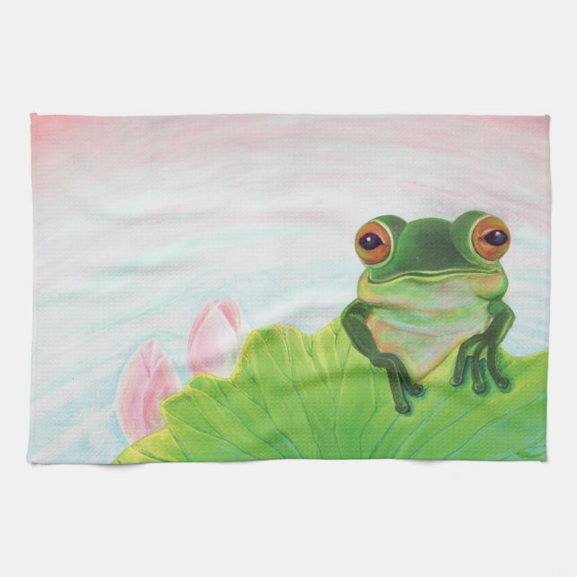 Linge De Cuisine Grenouille verte Se détendre dans l'étang (Horizontal)