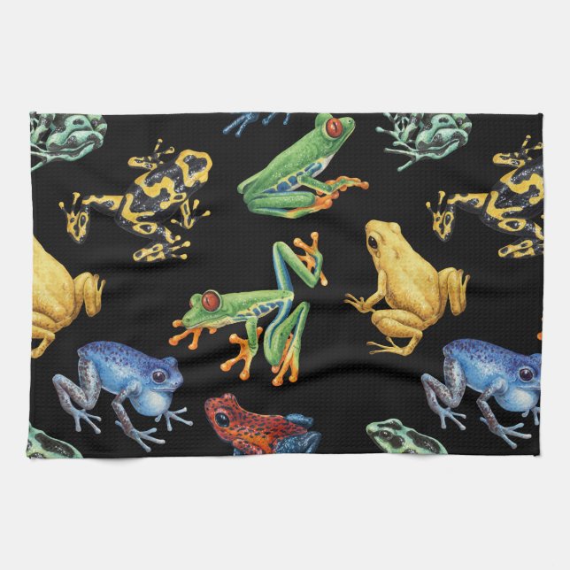 Linge De Cuisine Grenouilles sur noir (Horizontal)