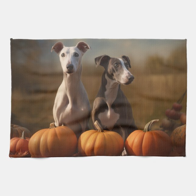 Linge De Cuisine Greyhound Chiot Automne Citrouille de plaisir (Horizontal)