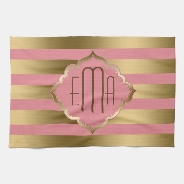 Linge De Cuisine Grilles d'or monogramme et Motif géométrique rose (Horizontal)