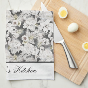 Linge De Cuisine Gris Blanc Fleurs Fleurs Floral Élégant Design