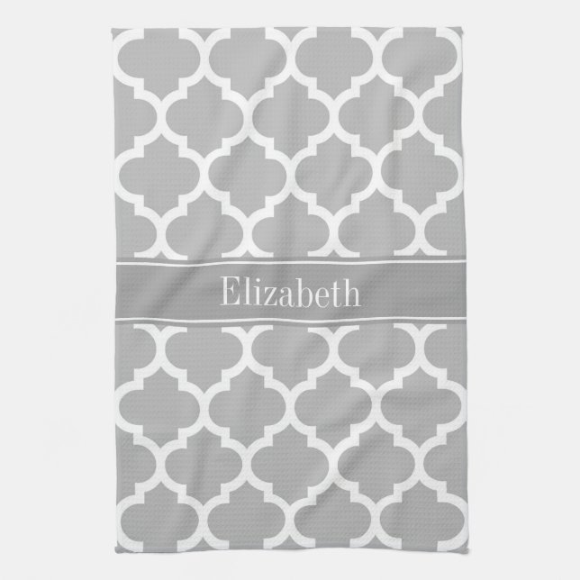 Linge De Cuisine Gris Blanc Marocain #5 gris foncé Nom Monogramme (Vertical)