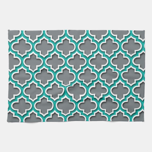 Linge De Cuisine Gris de charbon Turquoise blanc Quatrefoil marocai (Horizontal)