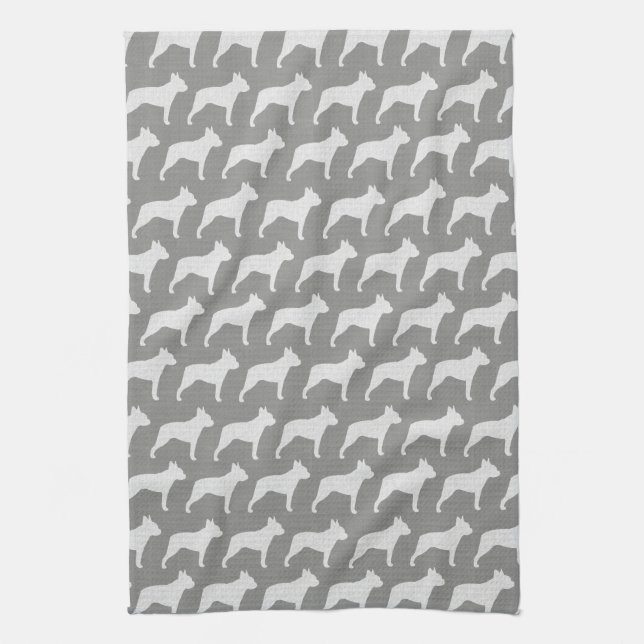 Linge De Cuisine Gris de motif de silhouettes de Boston Terrier (Vertical)