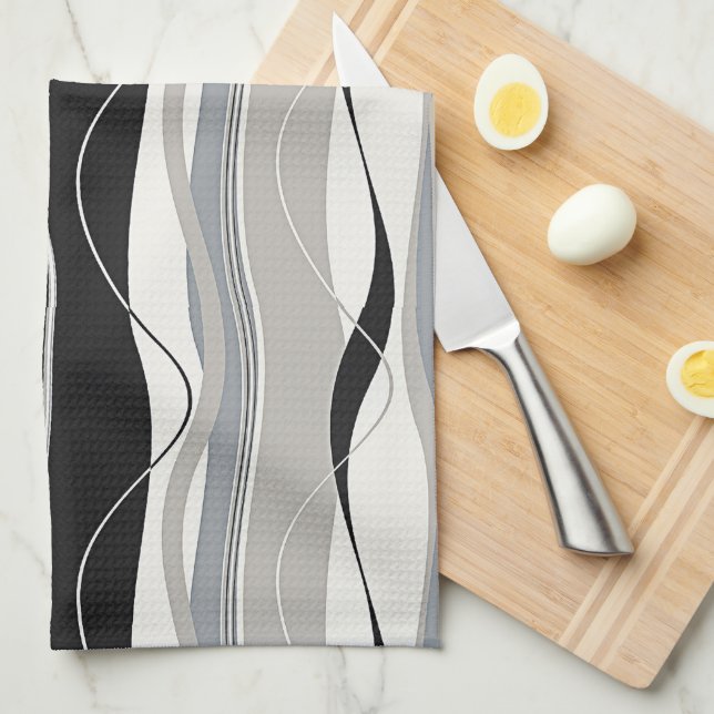Linge De Cuisine Gris et blanc onduleux de noir de rayures (Quart Plié)