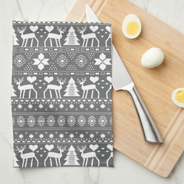 Linge De Cuisine Gris et blanc Scandinave Nordique hiver Noël (Quart Plié)