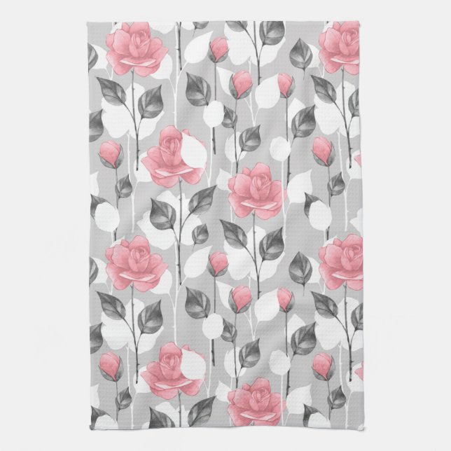 Linge De Cuisine  Gris et rose.Schéma floral (Vertical)