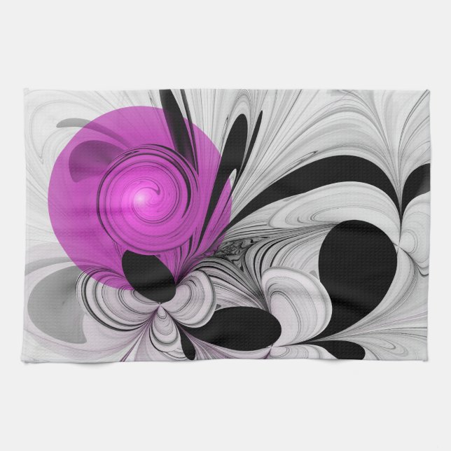Linge De Cuisine Gris Noir Abstrait Avec Art Fractal Magenta (Horizontal)
