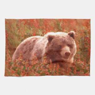 Linge De Cuisine Grizzly Bear Cub dans Fireweed Peinture Art de la 