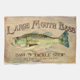 Linge De Cuisine Gros achigan à bouche Pêcheur Cabine planches en b