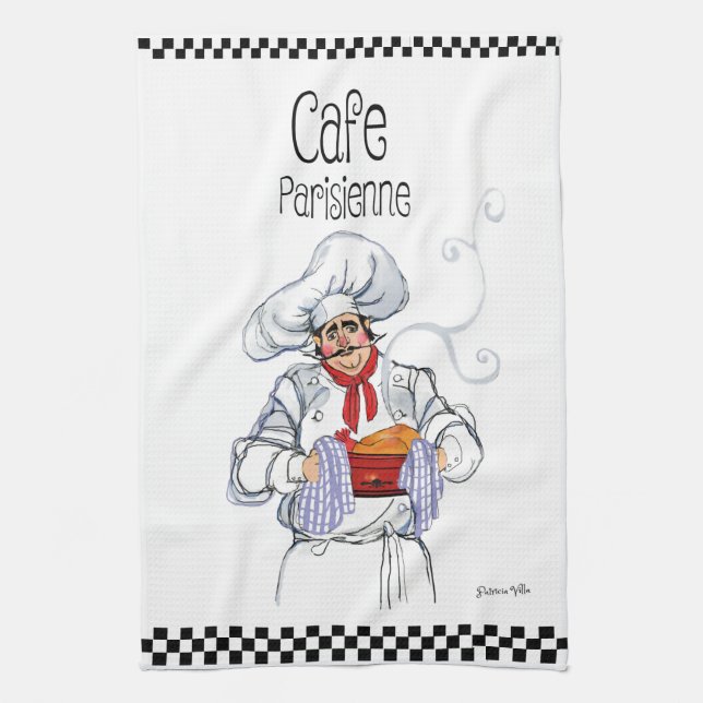 Linge De Cuisine Gros chef français Caricature Chèques blancs noirs (Vertical)