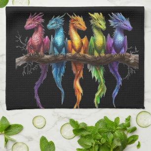 Linge De Cuisine Groupe Arc-en-ciel de bébés dragons sur fond noir