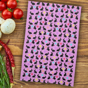 Linge De Cuisine Groupe Printemps noir lapins assis Fleurs roses