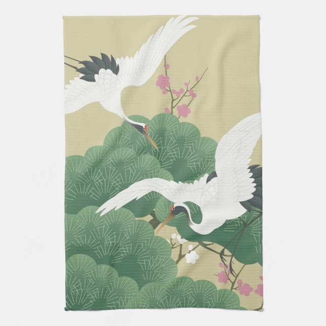 Linge De Cuisine Grue avec arbre à pin et fleurs de prune (Vertical)