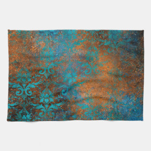 Linge De Cuisine Grunge Brown Blue Floral Motif décoratif