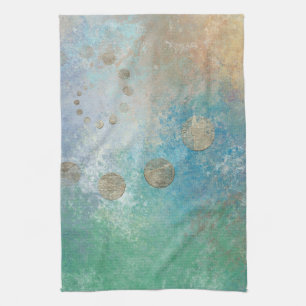 Linge De Cuisine Grunge Côtière   Aquarelle bleu et vert or