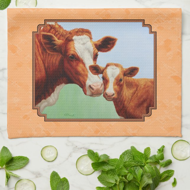 Linge De Cuisine Guernsey Calf et Mère Cow Peach (Plié)