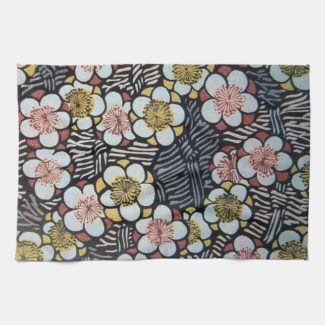 LINGE DE CUISINE HAIKU/ FLEURS DE PRINTEMPS JAUNE ROSE BLANC NOIR (Horizontal)