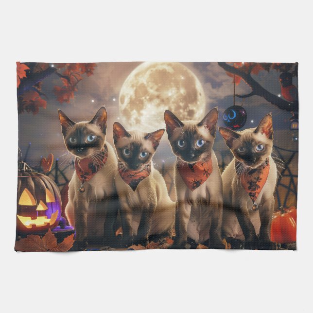 Linge De Cuisine Halloween Éffrayant de chats de Siamese (Horizontal)
