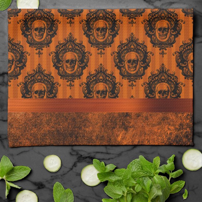 Linge De Cuisine Halloween gothique chic | Crânes orange et noirs (Créateur téléchargé)