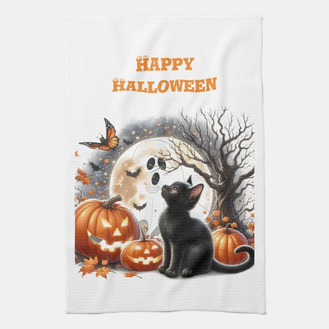 Linge De Cuisine Halloween Jack-o'-lantern Citrouille Chat Blanc (Vertical)
