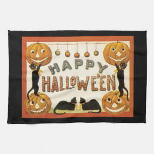 Linge De Cuisine Halloween vintage, chats noirs avec citrouilles la