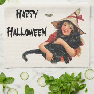 Linge De Cuisine Halloween vintage, Sorcière fille avec chat noir