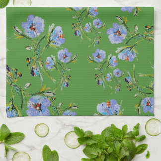 Linge De Cuisine Hand-Painted Blue Flowers on Lovely Green Tea Towe