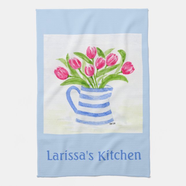 Linge De Cuisine Handpainted Watercolor Tulips, Blue Stripe Pitcher (Vertical)