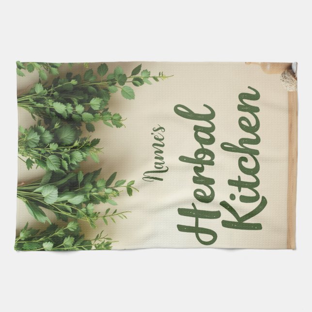 Linge De Cuisine Hanging Herbs Farmhouse Tea Towel Nom personnalisé (Horizontal)