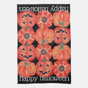 Linge De Cuisine Happy Halloween Citrouille orange noir aquarelle