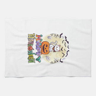 Linge De Cuisine Happy Halloween White Cat Pumpkin Moon Bats Ghosts