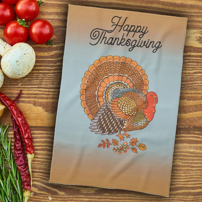 Linge De Cuisine Happy Thanksgiving Turkey fanned Tail Orange Blue (Male turkey orange and brown feathers fanned tail on Thanksgiving blue and orange kitchen towel.)