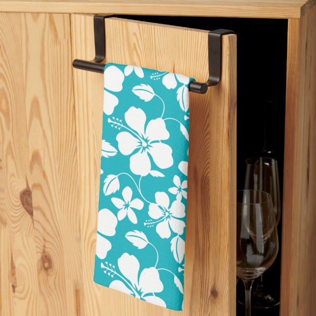 LINGE DE CUISINE HAWAIIAN HULA (HIBISCUS) TURQUOISE (Pliage en tiers)
