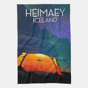 Linge De Cuisine Heimaey, Islande, affiche de vacances de camping.