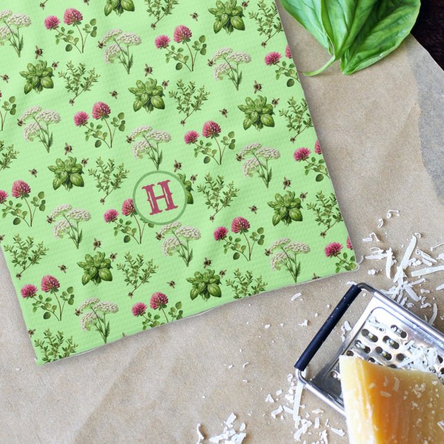 Linge De Cuisine Herbes d'abeilles rose vert Monogramme initial (Créateur téléchargé)