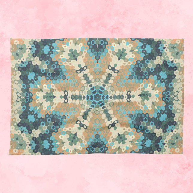 Linge De Cuisine Hex Mandala bleu et orange (Blue and Orange Hexagon Mandala Kitchen Towel by Wormhole Orbital)