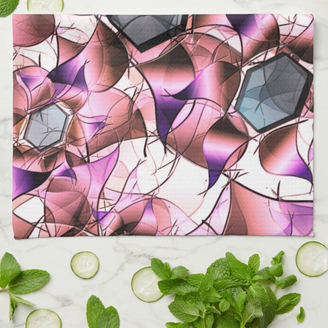 Linge De Cuisine Hexagons entourés de formes pétales roses (Plié)