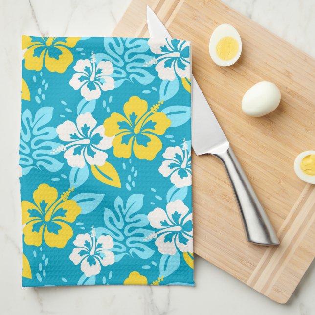 Linge De Cuisine Hibiscus hawaïen bleu motif floral (Quart Plié)