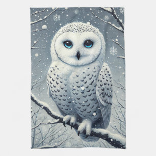 Linge De Cuisine Hibou des neiges perché sur une branche enneigée