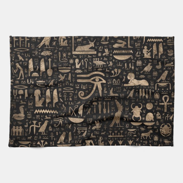 Linge De Cuisine Hiéroglyphes égyptiens antiques - noir et or (Horizontal)