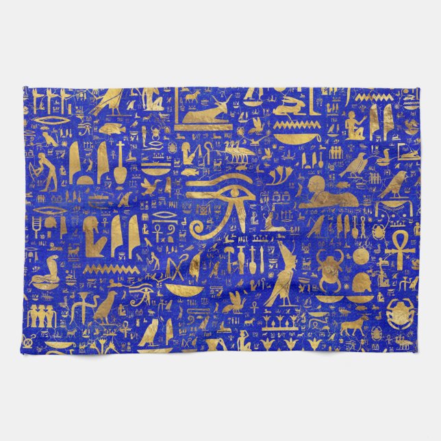 Linge De Cuisine Hiéroglyphes égyptiens - Lapis Lazuli et Gold (Horizontal)