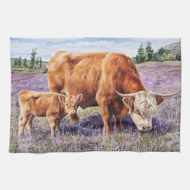 Linge De Cuisine Highland Cow and Calf Purple Fleurs sauvages (Horizontal)