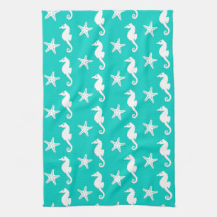 Linge De Cuisine Hippocampe et étoile de mer - blanc sur turquoise