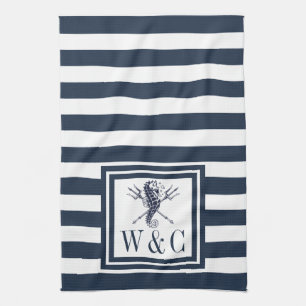 Linge De Cuisine Hippocampe rayé bleu marine Monogramme Nautilus