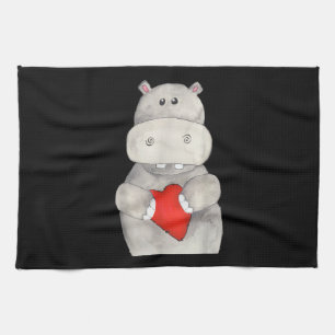 Linge De Cuisine Hippopotame mignon tenant le coeur Love Hippo