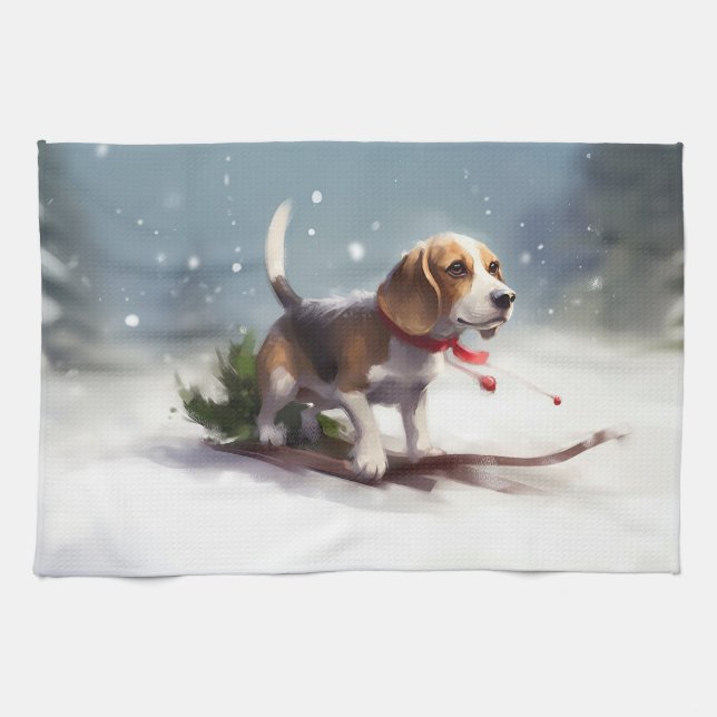 Linge De Cuisine hiver de neige de Noël beagle (Horizontal)