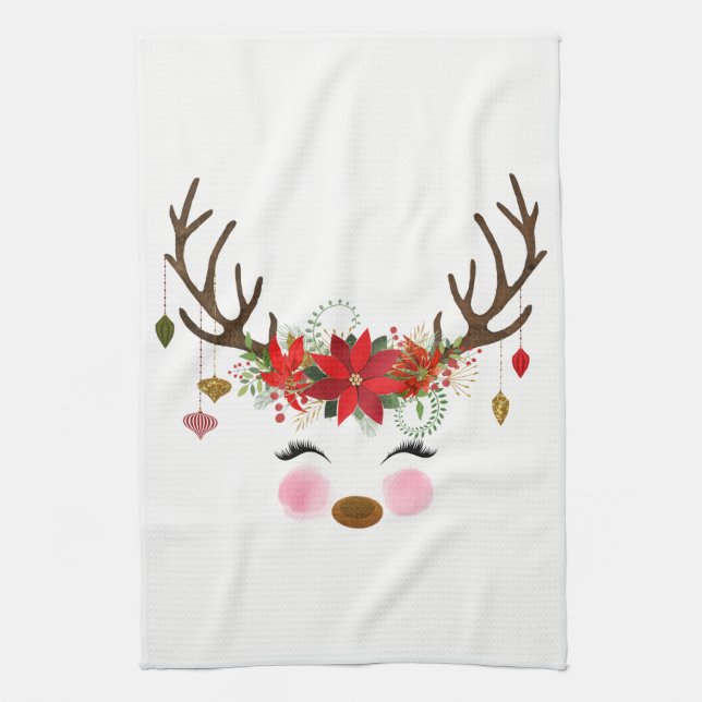 Linge De Cuisine Hiver Rouge Blanc Or Poinsettia Vacances Whimsical (Vertical)