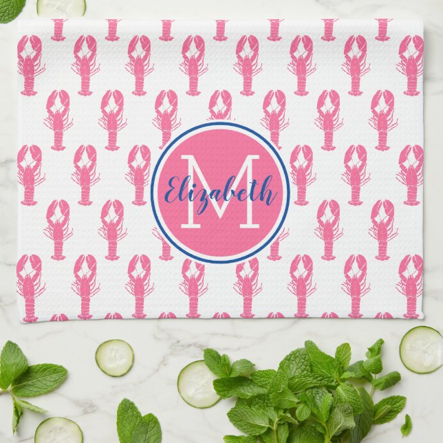 Linge De Cuisine Homards roses sur blanc avec Monogramme de marine (Plié)